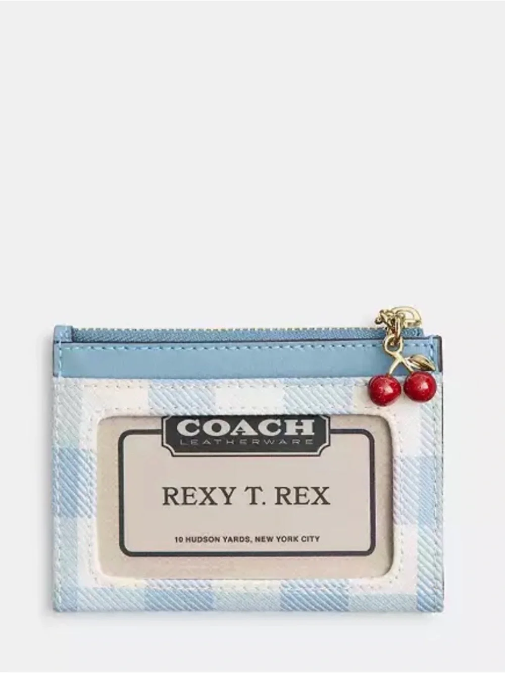 🍒🍒NWT Coach Mini Skinny Id Card Case With Gingham Print Cherry Charm Blue CFA31